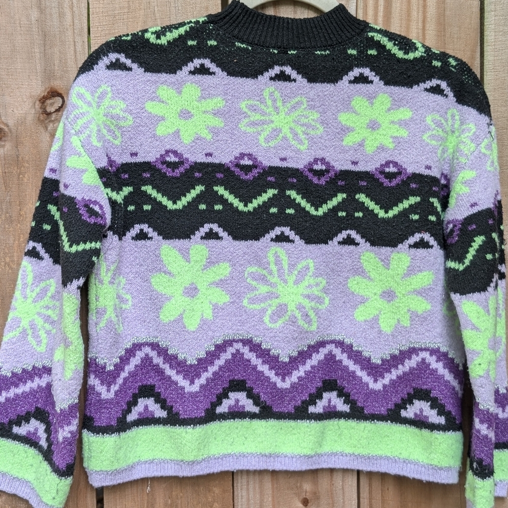 Justice Girls Kids Purple Green Black Retro Floral Fair Isle Patterned Sweater - Picture 8 of 10
